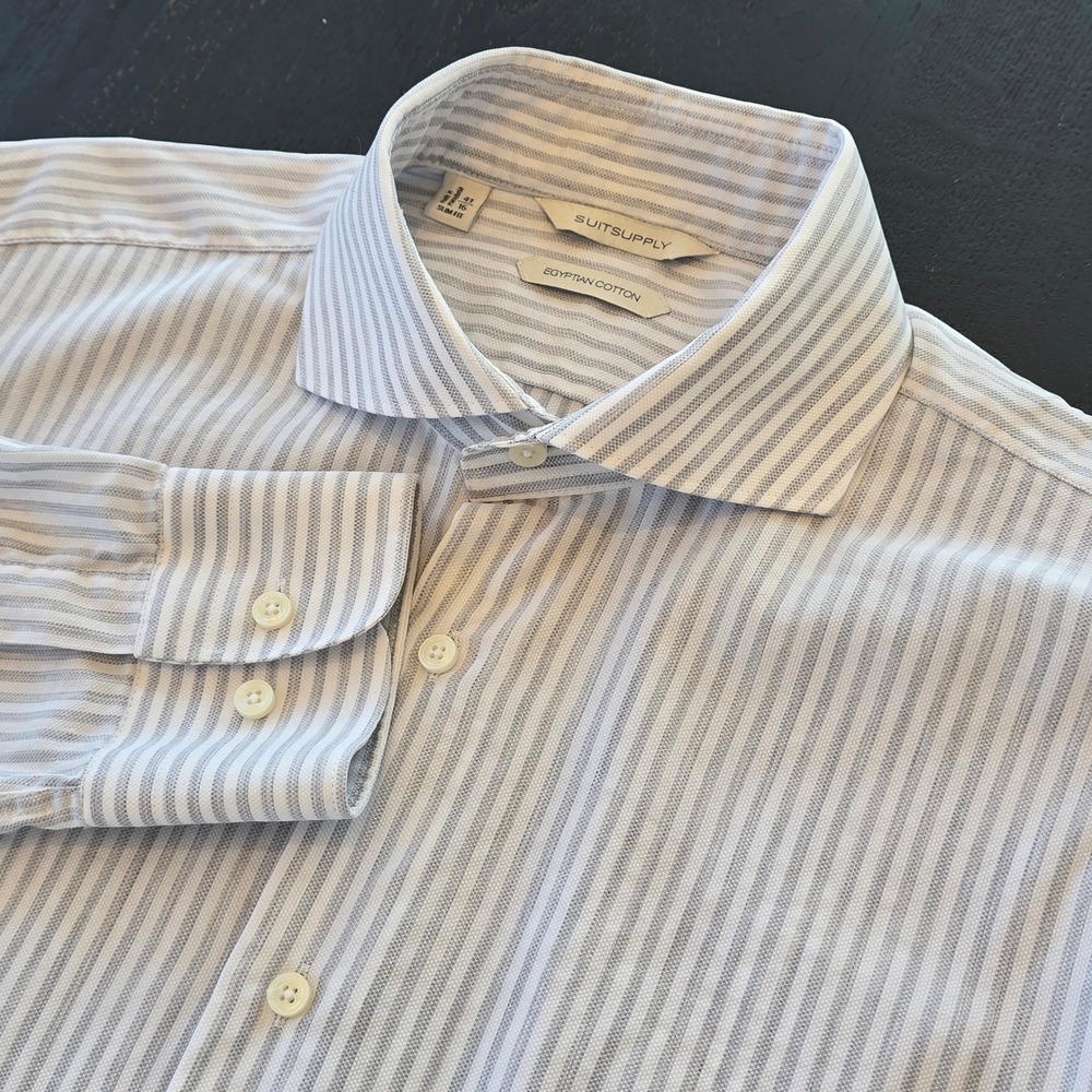 Suitsupply Mens Egyptian Cotton Slim Fit Striped Dress Shirt Grey White 16 41
